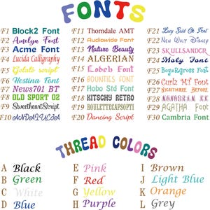 May include: A chart displaying thirty numbered font styles labeled F1 through F30, followed by a list of twelve lettered thread colors labeled A through L. The text includes the headings FONTS and THREAD COLORS in multicolored letters.