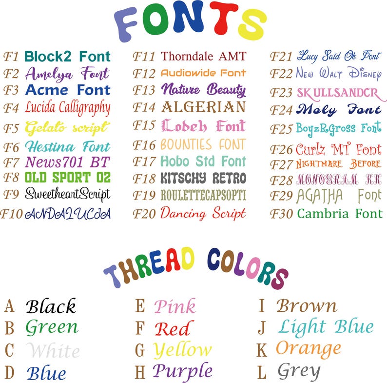 May include: A chart displaying thirty numbered font styles labeled F1 through F30, followed by a list of twelve lettered thread colors labeled A through L. The text includes the headings FONTS and THREAD COLORS in multicolored letters.