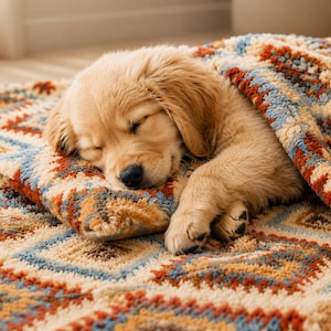 Puede incluir: Un cachorro de golden retriever duerme sobre una manta de ganchillo con un patrón geométrico en tonos naranja, azul y crema. El cachorro apoya la cabeza en una almohada de ganchillo a juego, con la manta texturizada sobre su cuerpo.