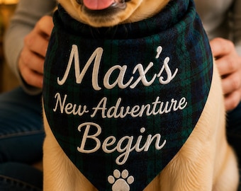 Custom Name Embroidered Pet Bandana, Puppy Welcome Home Gift, New Dog Adoption Gift, Plaid Dog Scarf, Labrador Gift