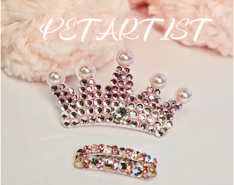Pink Crystal Pet Crown Tiara, Rhinestone Pearl Princess Headpiece, Dog Cat Glamour Accessory