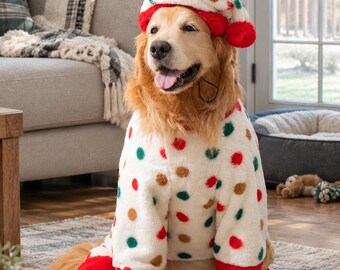 Christmas Dog Pajamas, Plush Fleece Dog Outfit with Hood, Holiday Dog Clothes for Medium Large Dogs