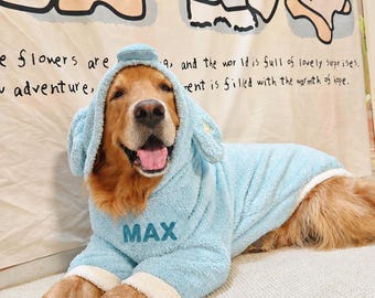 Personalized Dog Hoodie, Soft Fleece Pet Pajamas, Cute Puppy Costume, Custom Dog Name Sweater, Blue Dog Onesie