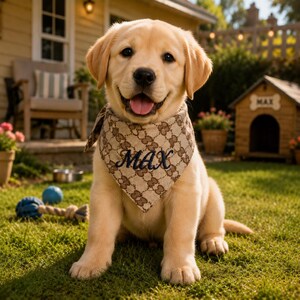 May include: A light yellow Labrador puppy sitting on green grass, wearing a beige bandana with a repeating brown pattern and the name MAX embroidered in dark blue script. The puppy has floppy ears, a black nose, and an open mouth with a pink tongue.
