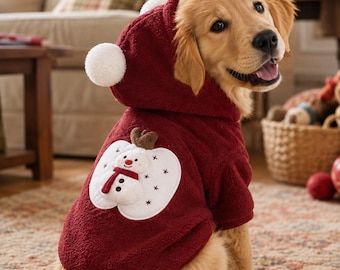 Christmas Dog Hoodie, Red Fleece Puppy Coat, Snowman Dog Clothes, Warm Winter Pet Sweater, Cute Holiday Outfit for Small Medium Dogs