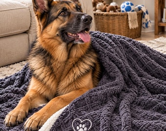 Personalized Dog Blanket, Custom Pet Name Blanket, Cozy Sherpa Dog Throw, Embroidered Pet Blanket, German Shepherd Gift