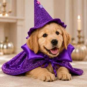 May include: A golden retriever puppy wearing a purple glittery wizard hat with two small star accents and a matching purple glittery cape featuring a satin collar and a ribbon tie closure around the neck area.