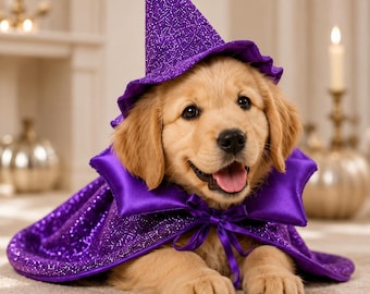 Personalized Wizard Dog Costume, Custom Name Embroidered Pet Cape, Purple Halloween Dog Costume with Hat, Pet Halloween Outfit