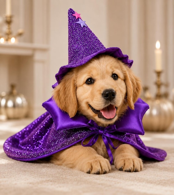 Personalized Wizard Dog Costume, Custom Name Embroidered Pet Cape, Purple Halloween Dog Costume with Hat, Pet Halloween Outfit
