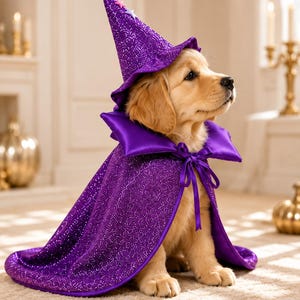 May include: A golden puppy wearing a purple glittery wizard hat with small star accents and a matching purple glittery cape featuring a satin collar and a ribbon tie closure at the neck. The cape drapes over the back and sides of the puppy.