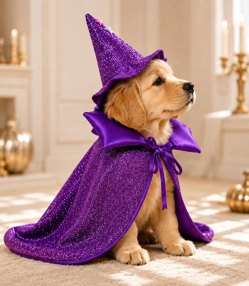 May include: A golden puppy wearing a purple glittery wizard hat with small star accents and a matching purple glittery cape featuring a satin collar and a ribbon tie closure at the neck. The cape drapes over the back and sides of the puppy.