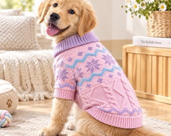 Pink Knit Dog Sweater, Cozy Puppy Sweater with Floral Pattern, Cute Pet Clothes, Soft Winter Dog Outfit