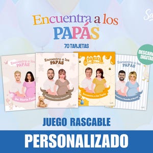 Puede incluir: Un set de 70 tarjetas de juego rascables personalizadas tituladas Encuentra a los PAPÁS. Las tarjetas muestran parejas ilustradas, incluyendo personas embarazadas, con temas como ositos y panales. El texto incluye DESCARGA DIGITAL.