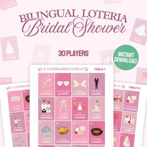 Puede incluir: Un juego de Loteria Bridal Shower bilingüe rosa y blanco. El juego incluye cartas con ilustraciones temáticas de boda y texto en español. Las palabras "Bilingual Loteria Bridal Shower" se muestran en una fuente decorativa.