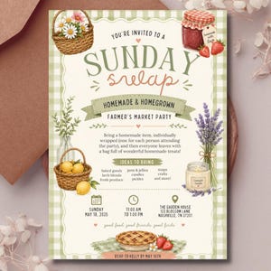 Op de afbeelding: Een rechthoekige uitnodigingskaart met een lichtgroene vichy-rand, geïllustreerd met een bloemenmand, aardbeienjam, citroenen, lavendel en een taart. De tekst luidt Sunday Swap, Homemade & Homegrown Farmer's Market Party, 18 mei 2025.