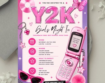 Y2K Girls Night Invitation Template, Retro 2000s Party Invite, Editable Canva Girls Gathering Download