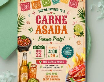 Carne Asada Summer Party Invitation, Editable Fiesta BBQ Cookout Invite (Digital Download)