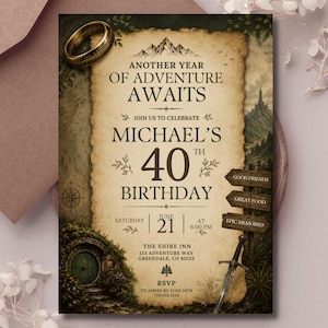 May include: A rectangular birthday invitation card with a parchment-style center featuring the text Another Year of Adventure Awaits Michael's 40th Birthday. The design includes a gold ring, a sword, a round green door, and wooden signs.