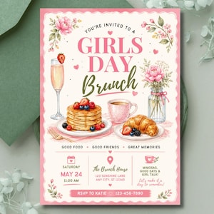 May include: A Girls Day Brunch invitation card featuring watercolour illustrations of a stack of pancakes with berries, a croissant, a glass of champagne, and a vase of pink flowers. Text includes event details, date, time, and RSVP information.