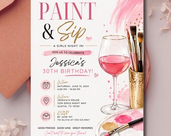 Paint and Sip Birthday Invitation Template, Editable Canva Party Invite (Digital Download)