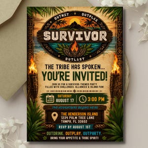 Könnte beinhalten: Eine Themen-Einladung mit tropischem Design. Die Einladung zeigt das Wort "Survivor" in einem Holzschild, mit einem Sonnenuntergang und einer Insel-Szene. Sie enthält Eventdetails, Datum, Uhrzeit und Ort.