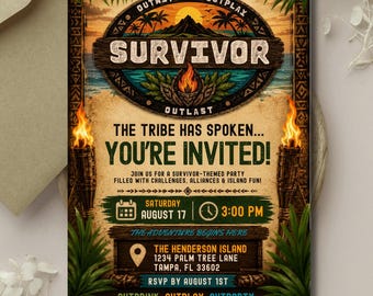Survivor Party Invitation, Outwit Outplay Outlast Outdrink Invite (Digital Download)