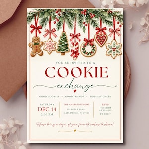 May include: A cream-colored invitation card for a cookie exchange featuring watercolor illustrations of hanging gingerbread cookies, candy canes, and evergreen branches with red bows. The text reads: YOU'RE INVITED TO A COOKIE exchange, GOOD COOKIES, GOOD FRIENDS, HOLIDAY CHEER, SATURDAY DEC 14 2:00 PM, THE ANDERSON HOME 123 HOLLY LANE MAPLEWOOD, NJ 07040, RSVP TO EMMA AT 555-0123 BY DEC 7, Please bring a dozen of your favorite cookies to share!