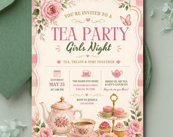 Pink Tea Party Invitation Template, Girls Day Gathering (Digital Download)