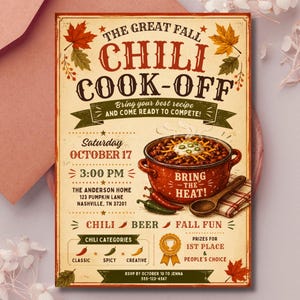 May include: A rectangular flyer for The Great Fall Chili Cook-Off featuring autumn leaves, a red pot of chili with cheese and peppers, and a wooden spoon. Text includes event details, date October 17, 3:00 PM, location, and RSVP information.