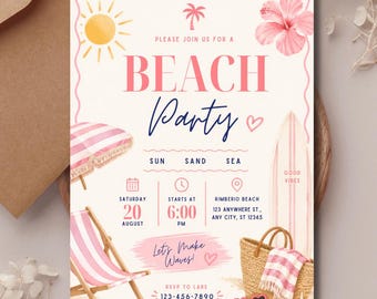 May include: A rectangular beach party invitation card featuring a yellow sun, a pink hibiscus flower, a pink and white striped beach umbrella, a beach chair, a surfboard, and a straw bag. The text reads Beach Party, Sun Sand Sea, and details.