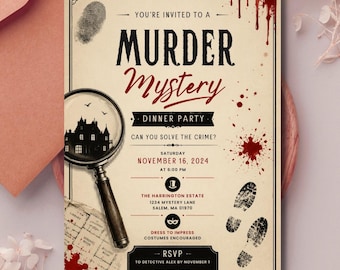 Modèle d'invitation à une fête mystère pour meurtre modifiable sur Canva, invitation à un dîner mystère, invitation à une soirée indice, téléchargement numérique