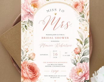Miss to Mrs. Floral Bridal Shower Invitation, Greenery Bridal Brunch Invite (Digital Download)