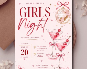 Girls Night Invitation Template, Pink Bow Party Invite, Coquette Girls Gathering, Editable Canva Download