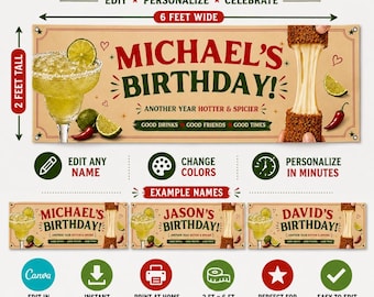 Personalized Fiesta Birthday Banner, Margarita Queso Theme (Digital Download)