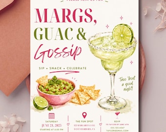 Margs Guac and Gossip Invitation Template, Girls Night Margarita Party Invite, Editable Canva Download
