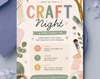 Craft Night Invitation Template, Girls Night DIY Party Invite, Creative Gathering, Editable Canva Download