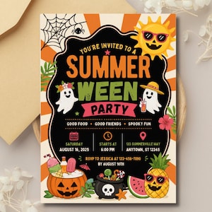 May include: Summerween party invitation with a black and orange design. The invitation features a smiling sun wearing sunglasses, ghosts, a jack-o'-lantern, and a pineapple. Text includes the date, time, and location.