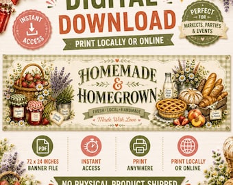 Homemade & Homegrown Banner, Cottagecore Farmhouse Party Decor (Digital Download)