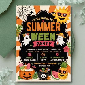 May include: A rectangular party invitation card featuring a black center with orange and cream sunburst borders. Text reads: YOU'RE INVITED TO A SUMMER WEEN PARTY. Graphics include ghosts, a jack-o'-lantern, a pineapple, watermelon, and a sun wearing sunglasses.