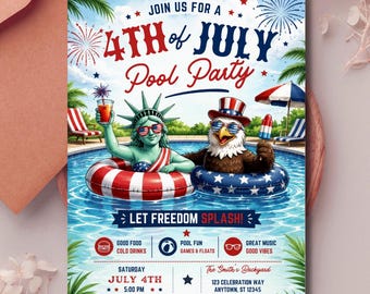 4th of July Pool Party Invitation, Patriotic BBQ Invite, Statue of Liberty (Digital Download)