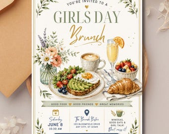 Floral Greenery Brunch Invitation, Girls Day Party, Editable Canva Template (Instant Download)