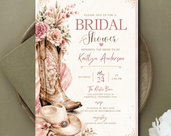 Pink Cowgirl Bridal Shower Invitation, Western Boots, Lace, Editable Canva (Digital Download)