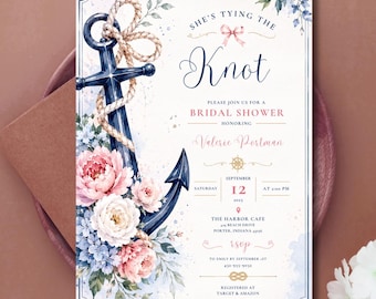 Nautical Bridal Shower Invitation, She's Tying the Knot, Anchor Floral Design (Digital Download)