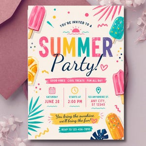 May include: A rectangular invitation card with a cream background featuring colorful illustrations of popsicles, palm leaves, and confetti. The text reads: YOU'RE INVITED TO A SUMMER PARTY! GOOD VIBES COOL TREATS FUN ALL DAY. Includes date, time, and location details.