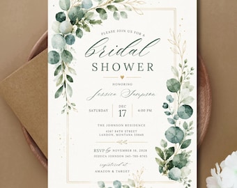 Eucalyptus Bridal Shower Invitation, Greenery Botanical Design, Editable Canva Template (Digital Download)