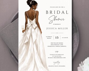 Elegant Bridal Shower Invitation Template, Black Bride Wedding Shower Invite (Digital Download)
