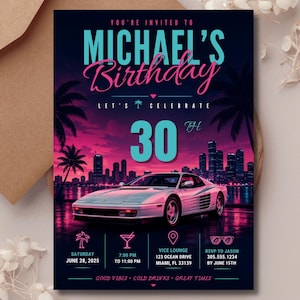 Op de afbeelding: Een verjaardagsuitnodigingskaart met een retro jaren 80 esthetiek, voorzien van een witte sportwagen, een stadssilhouet bij zonsondergang en palmbomen. De tekst bevat: YOU'RE INVITED TO MICHAEL'S BIRTHDAY, LET'S CELEBRATE 30TH, 28 JUNI 2025.