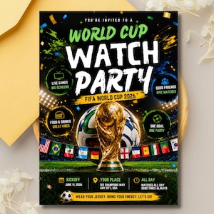 Może przedstawiać: Promocyjny ulotka na imprezę World Cup Watch Party, z złotym trofeum, piłkami nożnymi i flagami. Ulotka zawiera tekst "World Cup Watch Party FIFA World Cup 2026" oraz szczegóły dotyczące wydarzenia, takie jak data, godzina i miejsce.