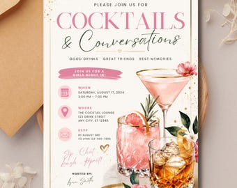 Cocktails and Conversations Invitation Template, Girls Night Cocktail Party Invite, Editable Canva Download
