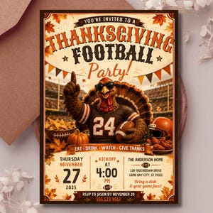 Könnte beinhalten: Eine Einladung zur Thanksgiving-Football-Party mit einem Truthahn, der eine Sonnenbrille und ein Trikot mit der Nummer 24 trägt und einen Football hält. Der Text lautet: You're invited to a Thanksgiving Football Party, Donnerstag 27. November 2025.